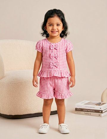 Rose gingham checked cotton co-ord set with bow detail for girls 12M to 6Y — Lilme