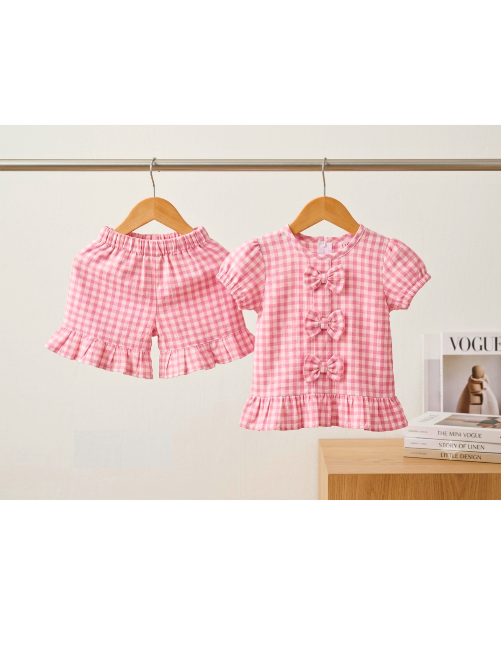 Hanger view of rose gingham check cotton co-ord set for girls — Lilme