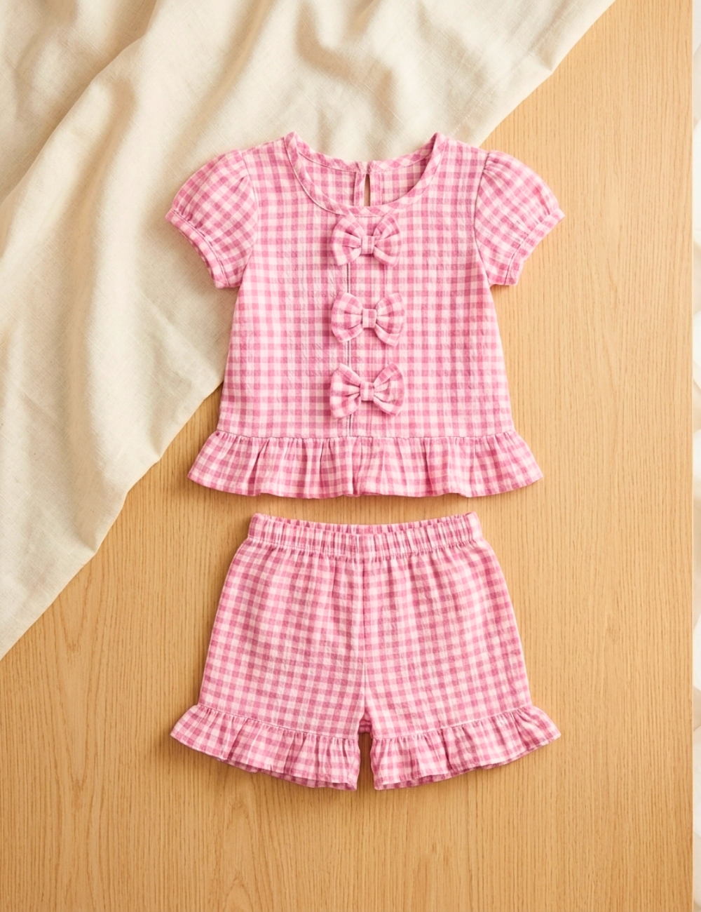 Side view of rose checks bow cotton matching set for toddler girls — Lilme