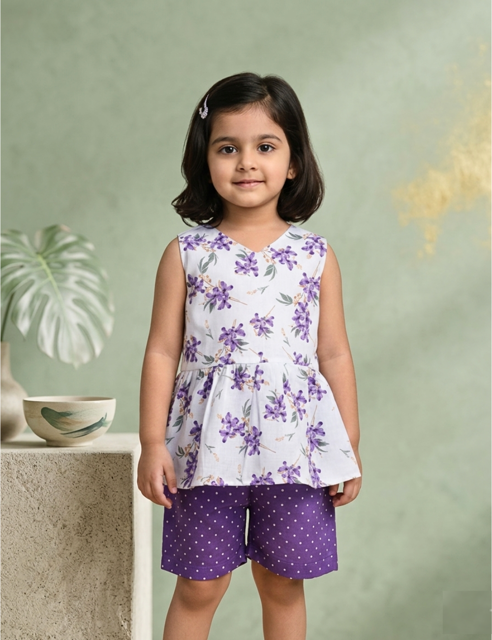 Elegant Purple Floral Cotton Co-ord Set for Girls