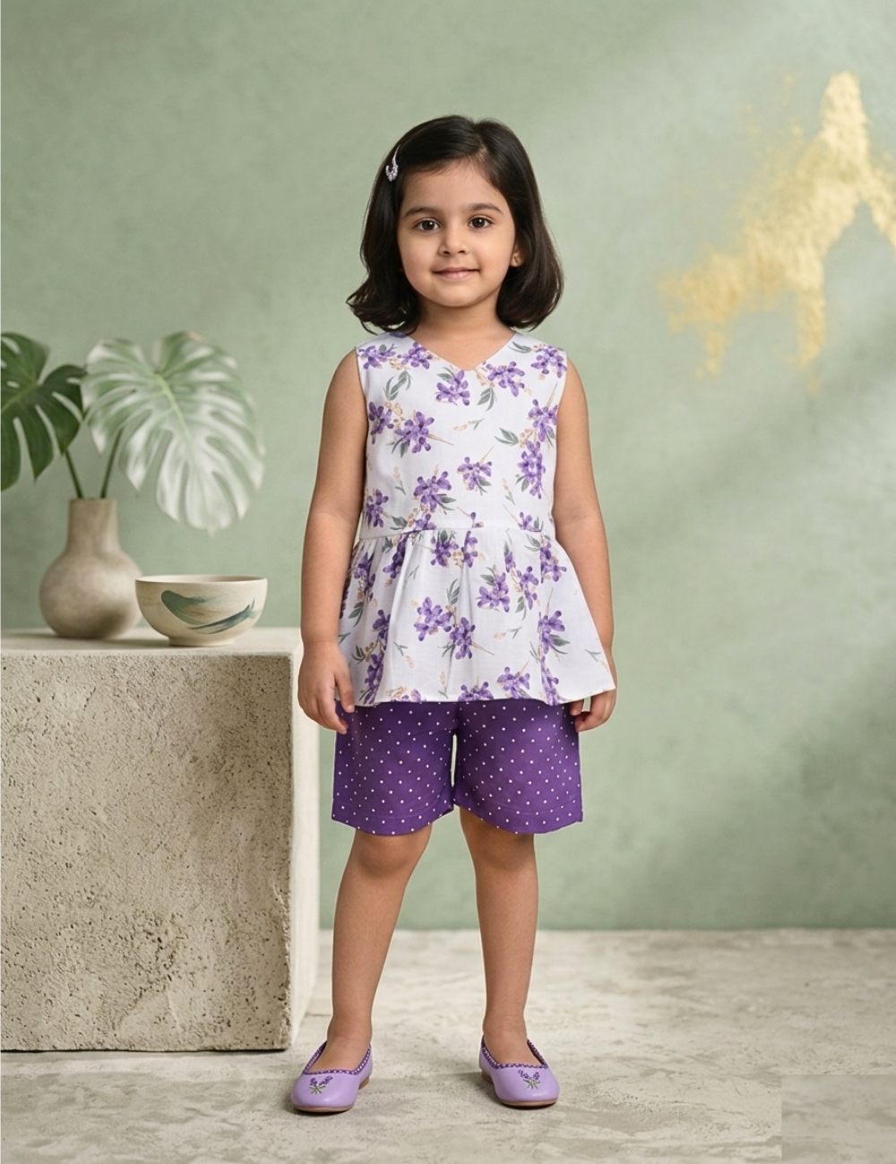 Elegant Purple Floral Cotton Co-ord Set for Girls