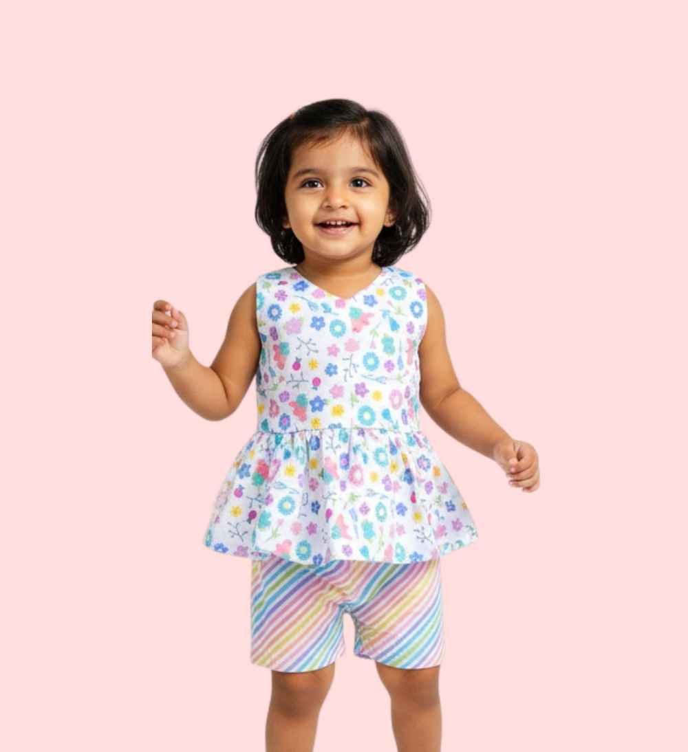 Vibrant Rainbow Cotton Peplum Girls Set