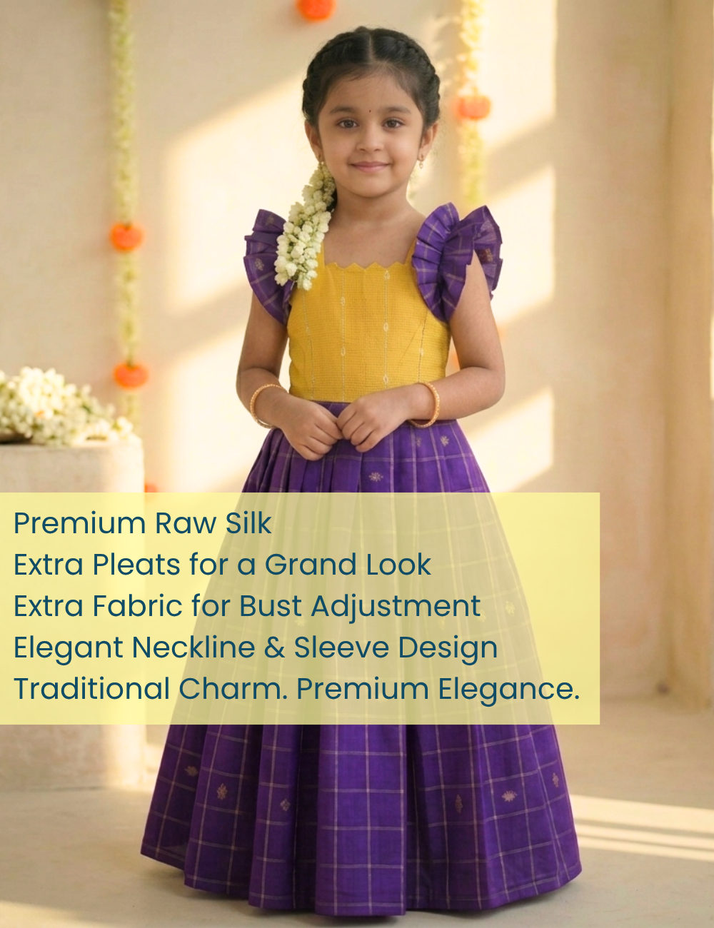 A young girl modeling a traditional Indian dress made of purple and yellow raw silk, featuring a yellow embroidered bodice, ruffled purple sleeves, and a pleated purple skirt. A text overlay on the right highlights the fabric's premium qualities.