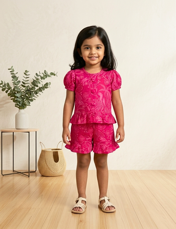 Tropical pink peplum print cotton co-ord set for girls 12M to 5Y — Lilme