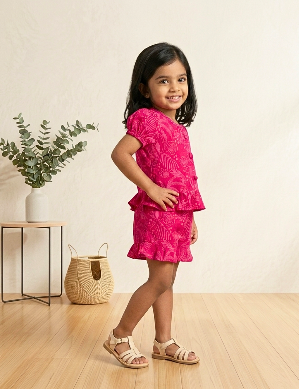 Side view of tropical pink peplum top and matching shorts for toddler girls — Lilme