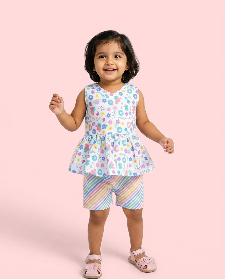 Vibrant Rainbow Cotton Peplum Girls Set