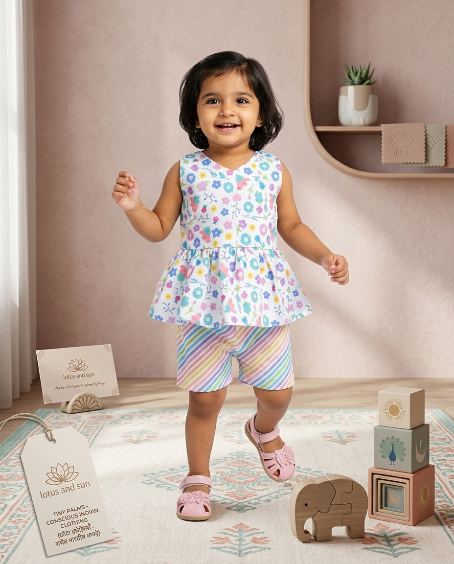 Vibrant Rainbow Cotton Peplum Girls Set