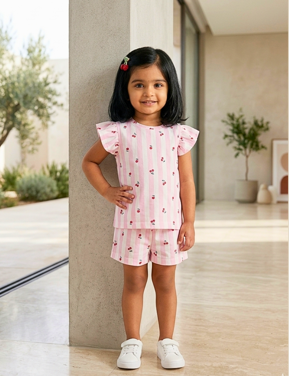 Pink Cherry Print Cotton Co-ord Set for Girls
