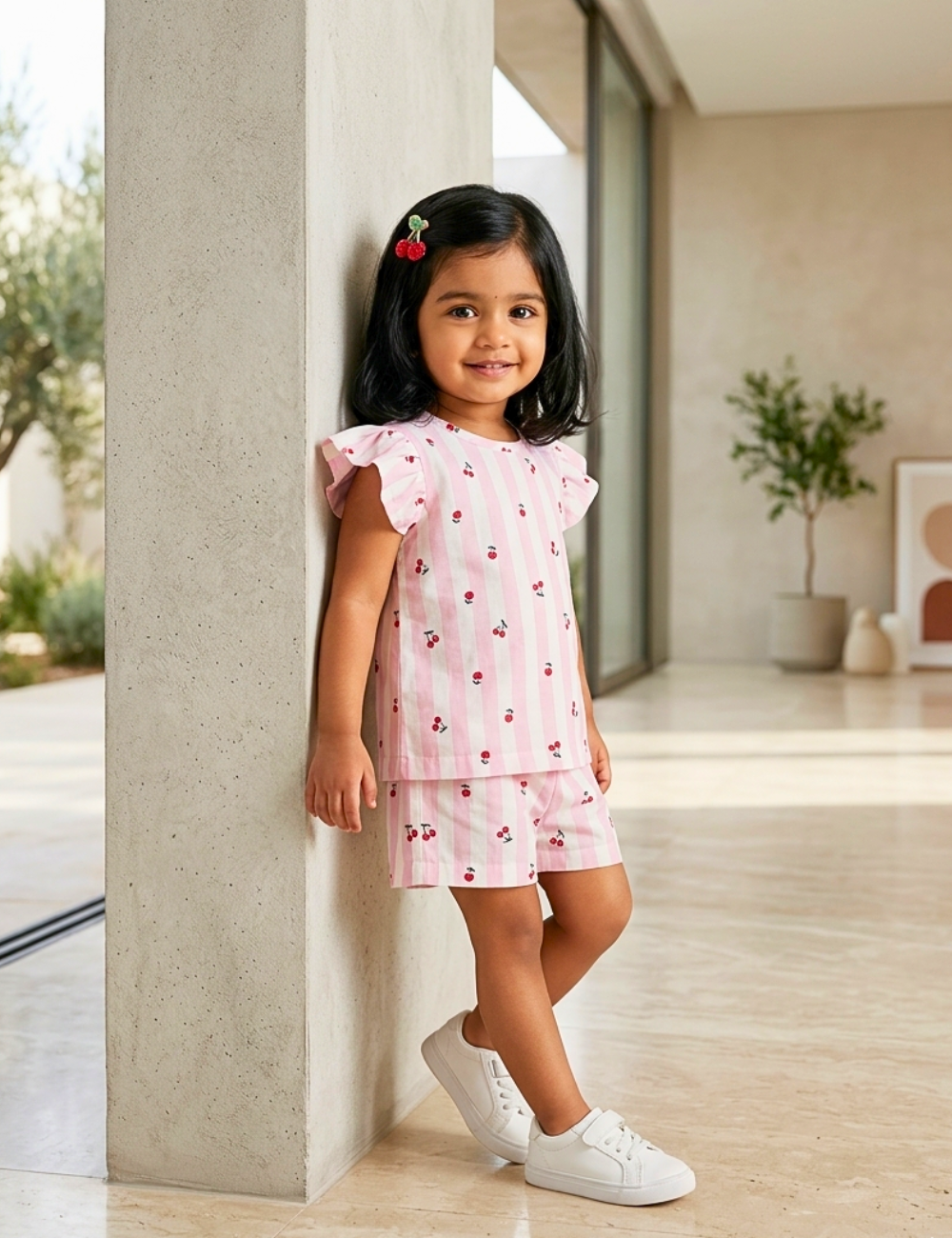 Pink Cherry Print Cotton Co-ord Set for Girls